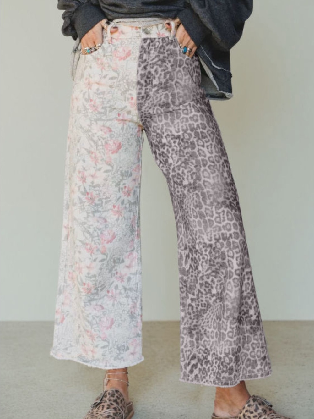 Mixed-Print Wide Leg Pants in Gray & Cream